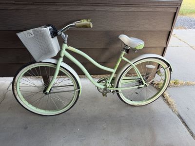 Huffy Good Vibrations Mint Green Cruiser Bike with Basket - Single Speed Adult Bicycle