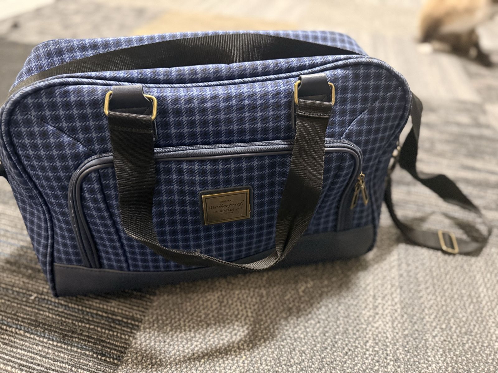Weatherproof Vintage Blue Plaid Travel Duffle Bag with Shoulder Strap