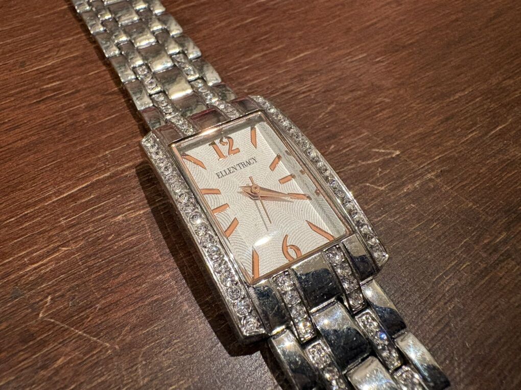 Ellen Tracy Silver Watch W/ Crystals W/ Box &Links