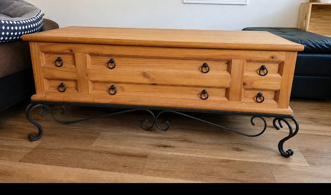 Rustic Wooden Coffee Table and Matching End Table Set with Wrought Iron Base. pickup only. 