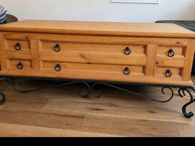 Rustic Wooden Coffee Table and Matching End Table Set with Wrought Iron Base. pickup only.