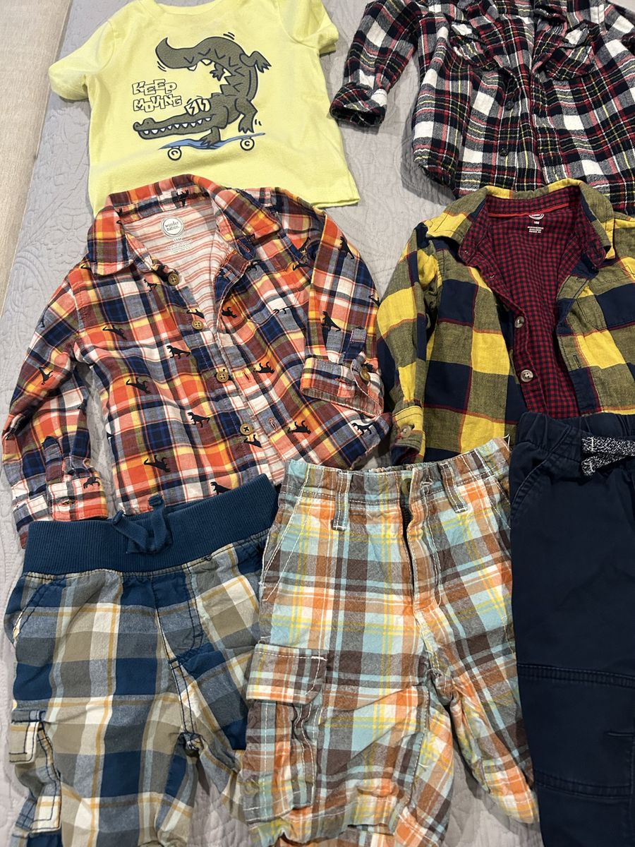 Lot of 8 Baby Boy Clothes: Flannel Shirts, Plaid Shorts, Pants, & T-Shirt - Size 24M