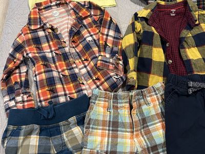 Lot of 8 Baby Boy Clothes: Flannel Shirts, Plaid Shorts, Pants, & T-Shirt - Size 24M