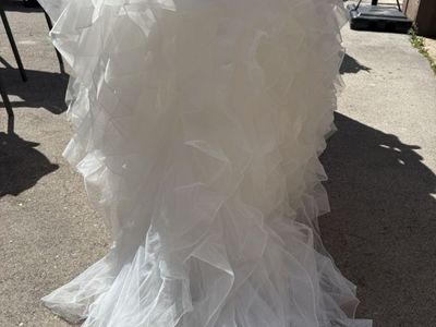 Stunning White Mermaid Wedding Dress - Strapless, Lace Bodice, Ruffled Organza Skirt, Chapel Train