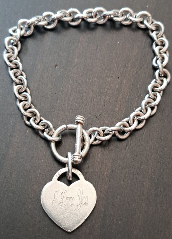 Vintage Solid Sterling Silver T-Bar Bracelet w/ Heart Charm Stamped 925 Silver - 16 grams