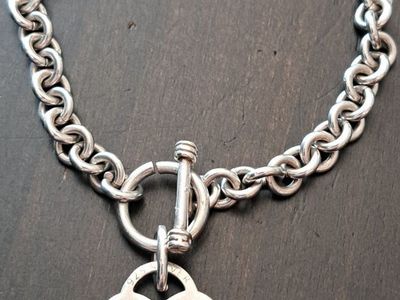 Vintage Solid Sterling Silver T-Bar Bracelet w/ Heart Charm Stamped 925 Silver - 16 grams