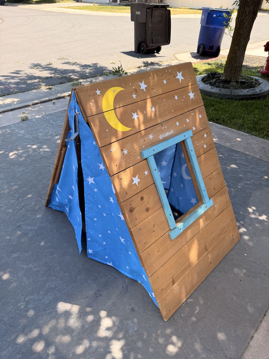 KidKraft A-Frame Playhouse Tent & Rock Climbing Wall Wooden Structure Moon & Stars