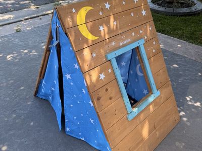 KidKraft A-Frame Playhouse Tent & Rock Climbing Wall Wooden Structure Moon & Stars