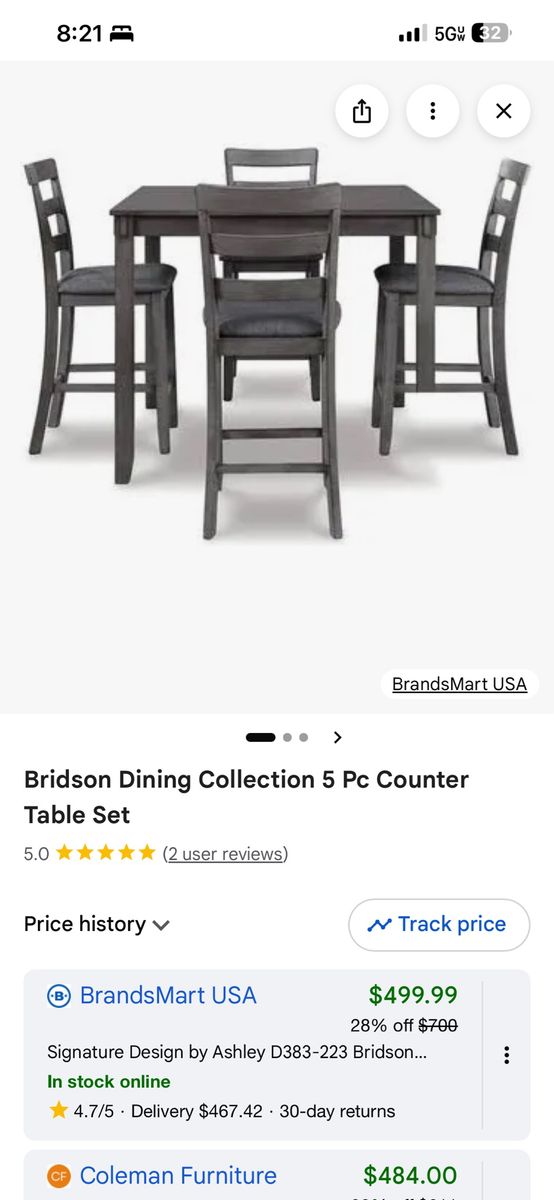 Ashley D383-223 Bridson 5-Piece Counter Height Dining Table Set - Gray Wood Finish, Minor Damage