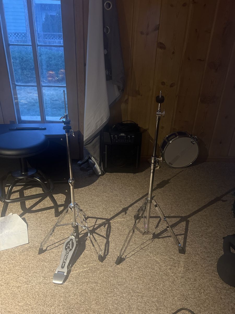 Two cymbal stands, one highhat one ride/crash