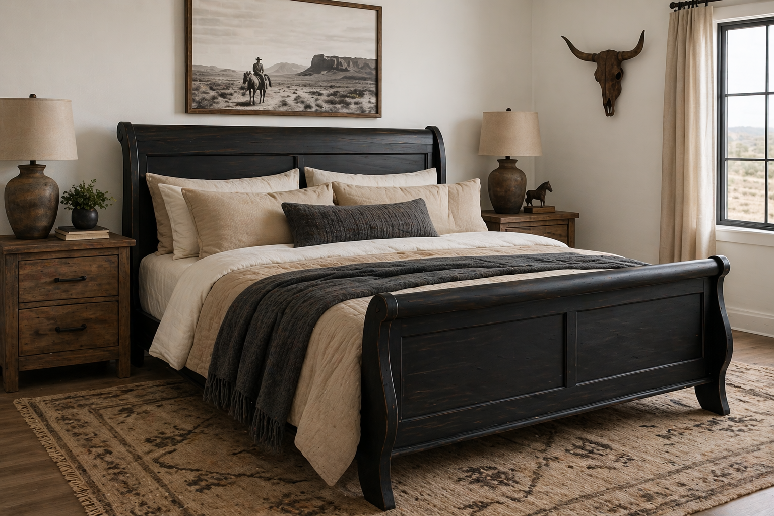 Stunning Black King Sleigh Bed Frame Western, Cottagecore, French Country, Farmhouse Academia Rustic
