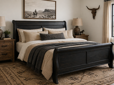 Stunning Black King Sleigh Bed Frame Western, Cottagecore, French Country, Farmhouse Academia Rustic