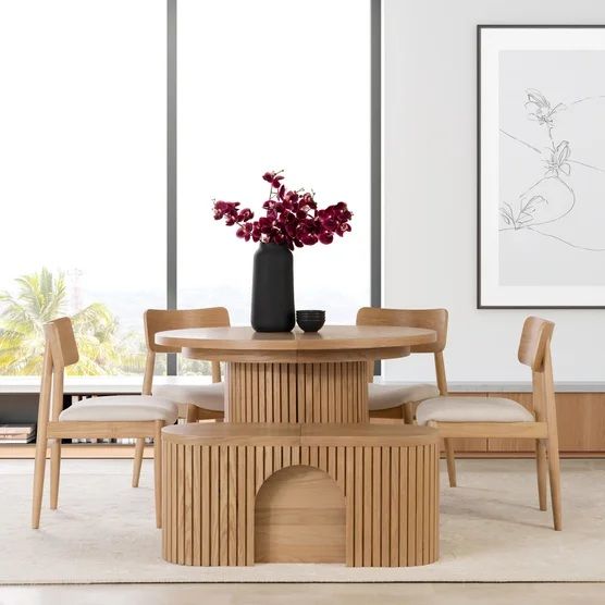 Transformer 6 Piece Dining Set - Extendable Round Table with Bench and 4 Chairs 1933192 #106457