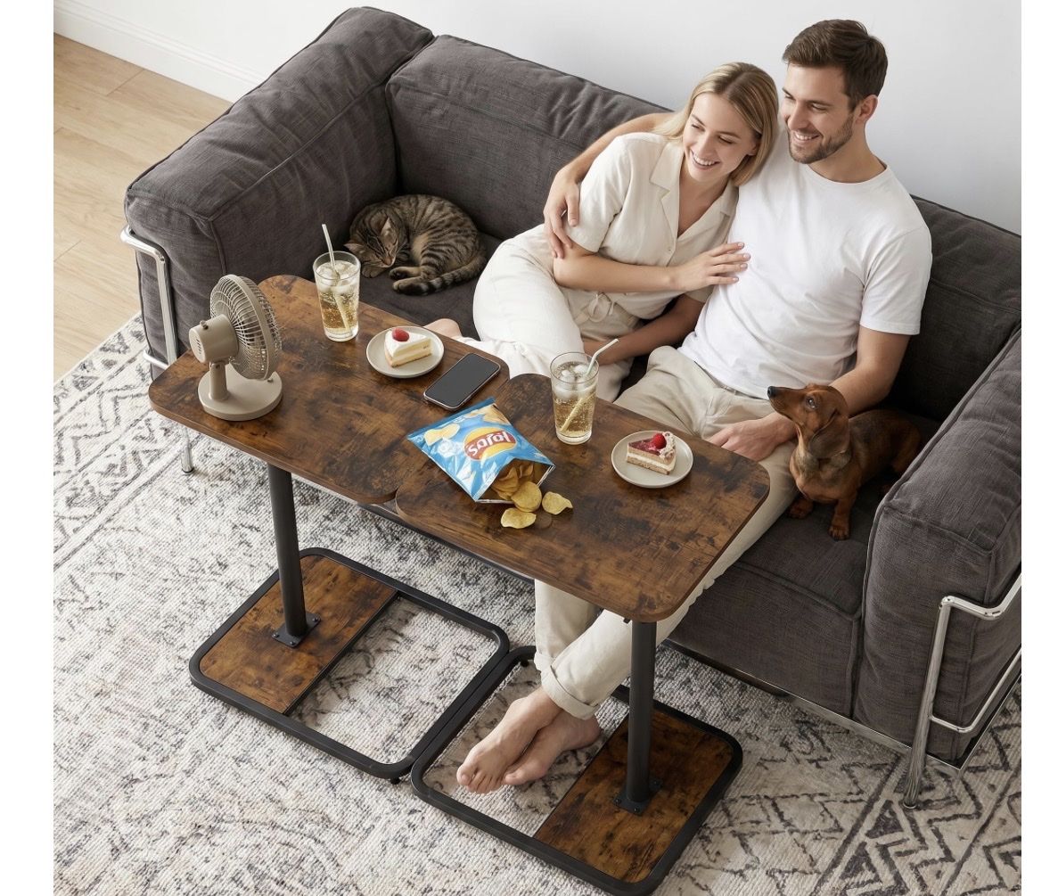 Adjustable Rolling Side Table with Storage Pocket for Sofa, Laptop, Snack - 18.7" x 15.7" Rustic Brown