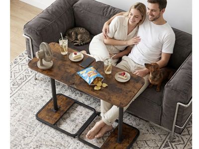 Adjustable Rolling Side Table with Storage Pocket for Sofa, Laptop, Snack - 18.7" x 15.7" Rustic Brown