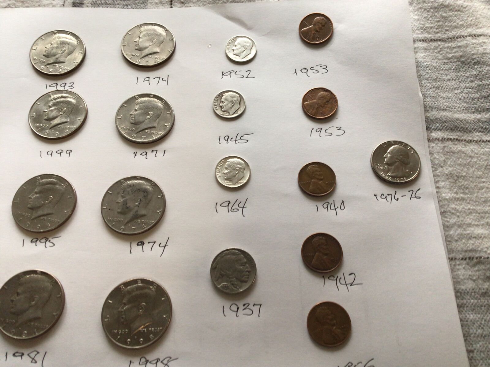 3 1976-1976 dollars, 12Kennedy half dollars not pre 64, 4 dimes silver. 1 buffalo Nickelodeon,5 sheet Penney’s