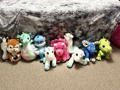 Mixed Lot of 9 Plush Stuffed Animals - Dragons, Unicorn, Squirrel, Cat, & Triceratops