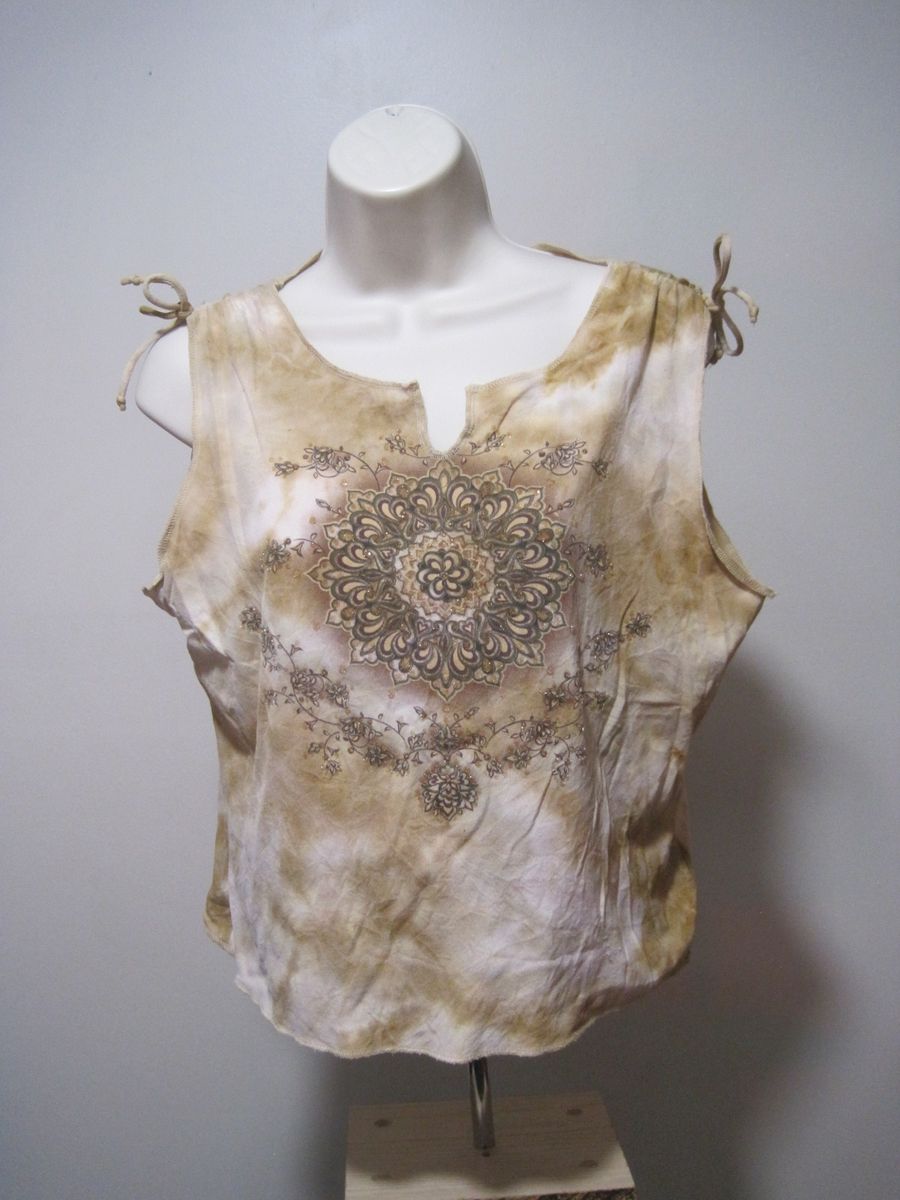 VINTAGE Fang Junior XL Tan Floral Embroidered Tie Shoulders Round Split Tank Top