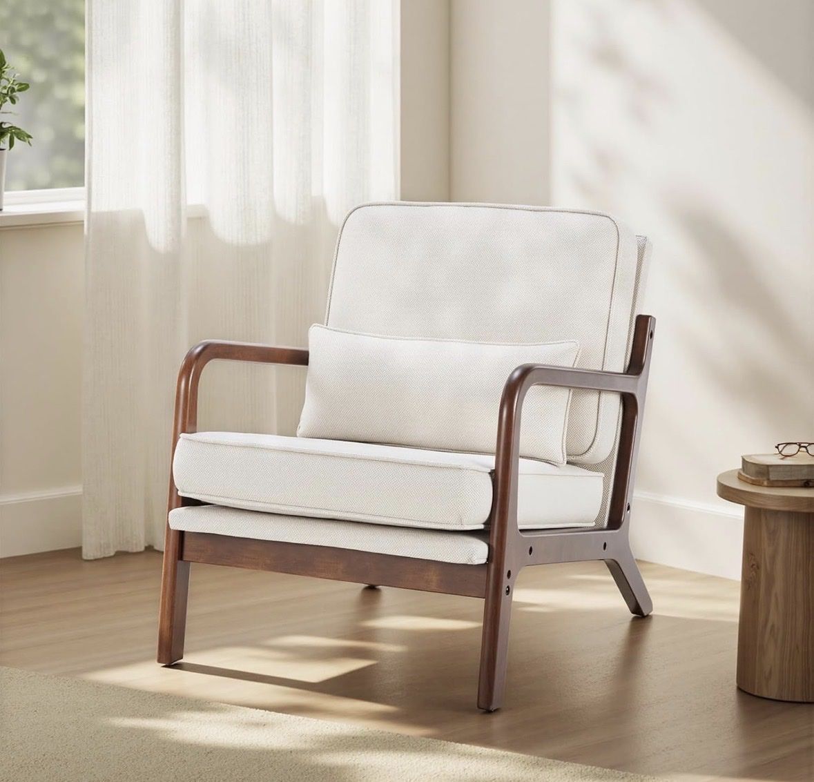 Mid-Century Modern Wood Accent Chair with Cream Cu