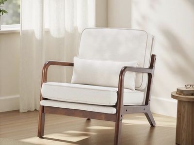 Mid-Century Modern Wood Accent Chair with Cream Cu