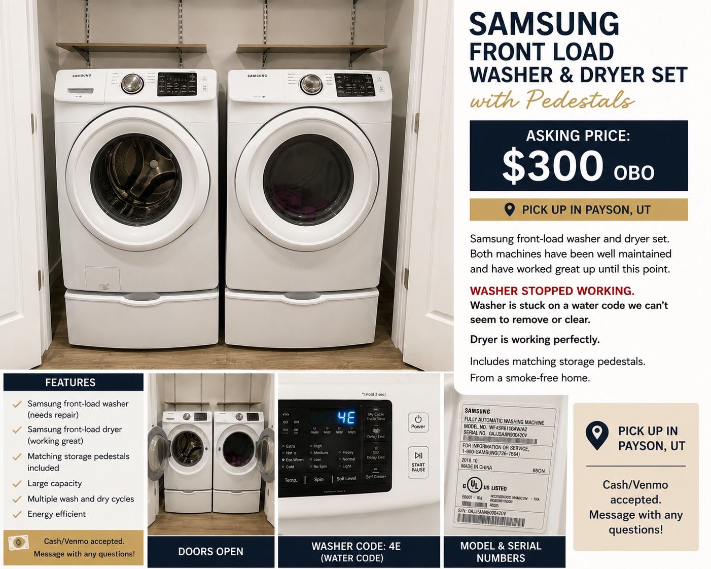 Samsung WF45R6110AW/A2 Front Load Washer (Needs Repair) & Dryer Set with Pedestals