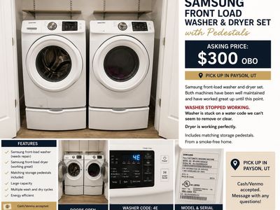 Samsung WF45R6110AW/A2 Front Load Washer (Needs Repair) & Dryer Set with Pedestals