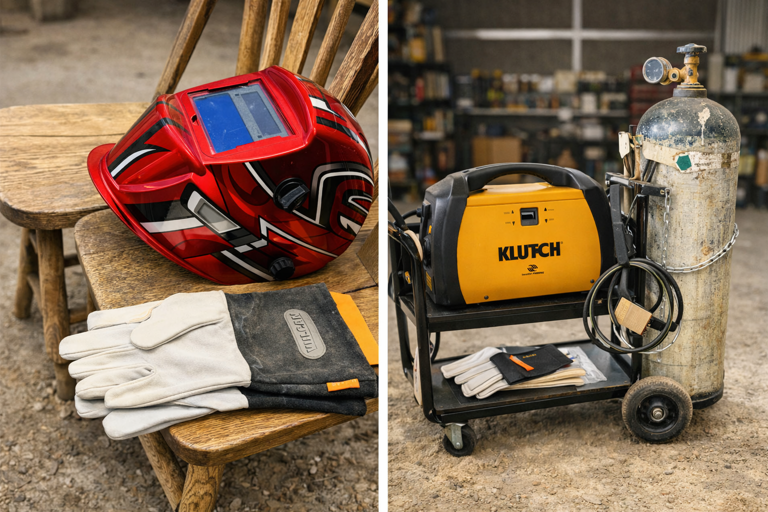 Klutch MP140Si MIG/Stick Welder with Airgas Tank, Cart, Helmet & Gloves - Industrial Welding Set