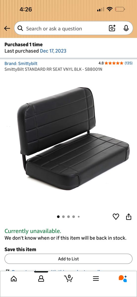 Smittybilt Rear seat for Jeep (CJ, YJ) truck, etc