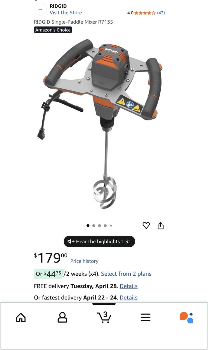 RIDGID Paddle Mixer, Thinset, mortar mixer