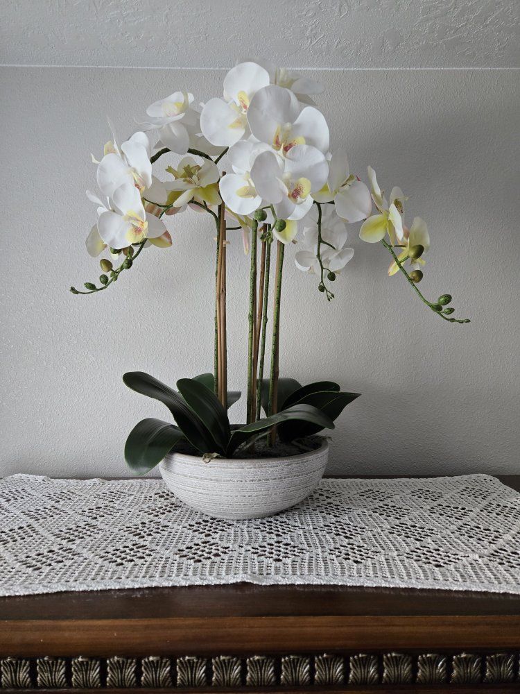 Artificial White Orchid Plant in Textured Pot - Realistic Faux Phalaenopsis Decor