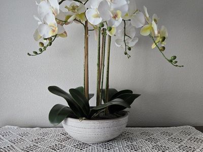 Artificial White Orchid Plant in Textured Pot - Realistic Faux Phalaenopsis Decor