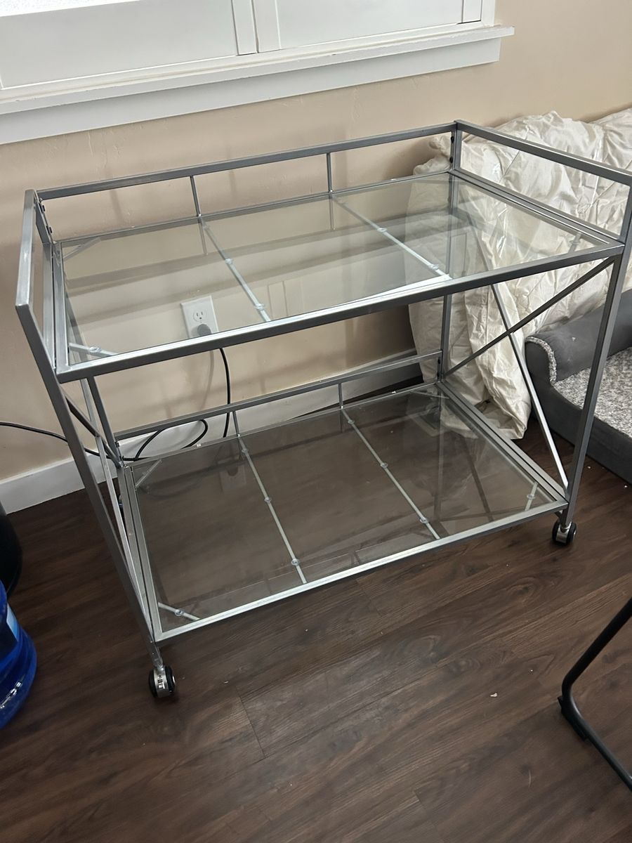 Glass and Metal Rolling Bar Cart with 2 Shelves and Wheels - Versatile Serving or Storage