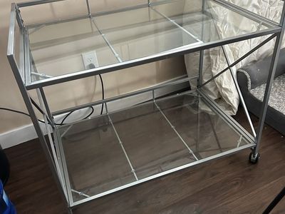 Glass and Metal Rolling Bar Cart with 2 Shelves and Wheels - Versatile Serving or Storage
