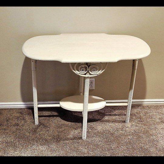 Antique White Console Table 29x36x20 - Decorative Side Table with Lower Shelf and Wicker Accents