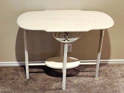 Antique White Console Table 29x36x20 - Decorative Side Table with Lower Shelf and Wicker Accents