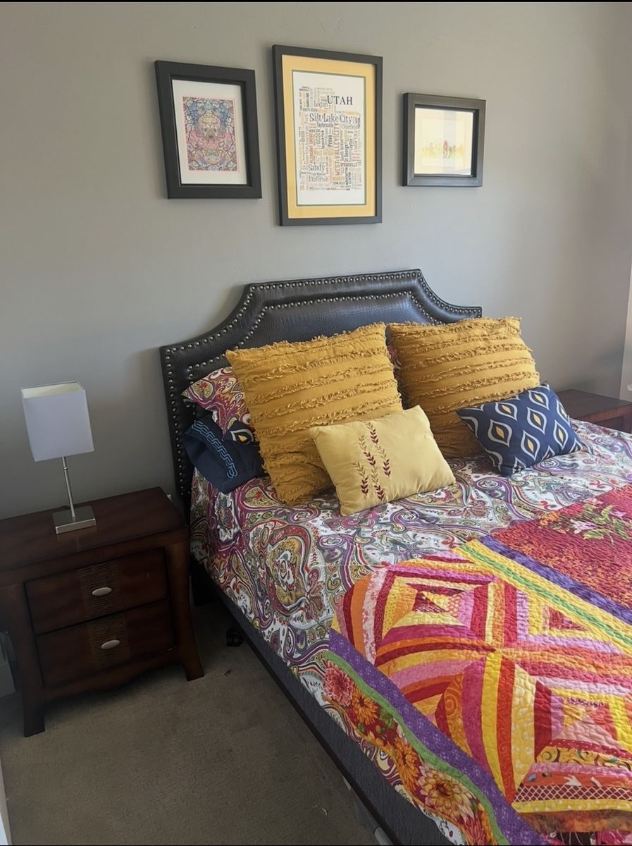 Rustic Lodge Queen Bedroom Set w/ Upholstered Nailhead Headboard, Serta Mattress, 2 Nightstands, Chest