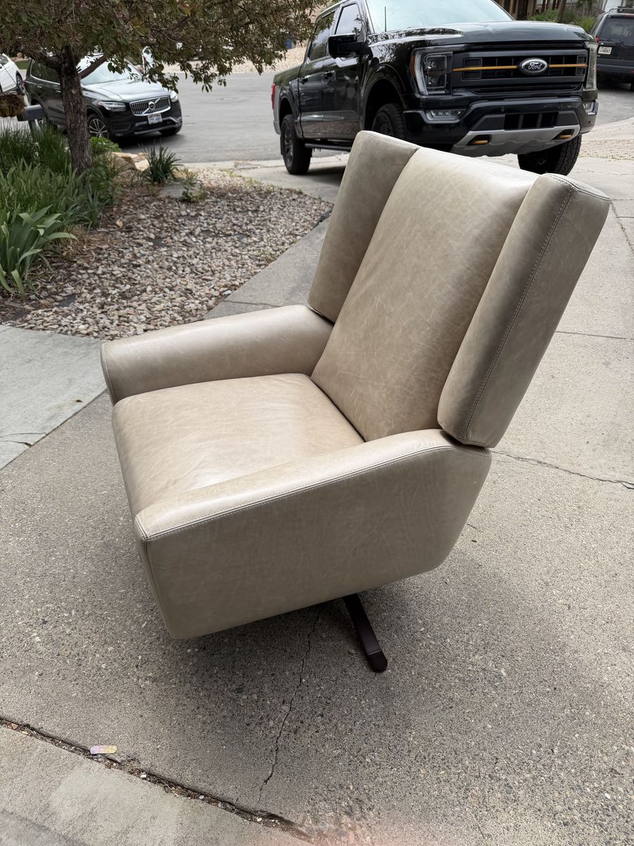 Greige Leather Recliner Swivel Chair - Modern Design, Excellent Condition