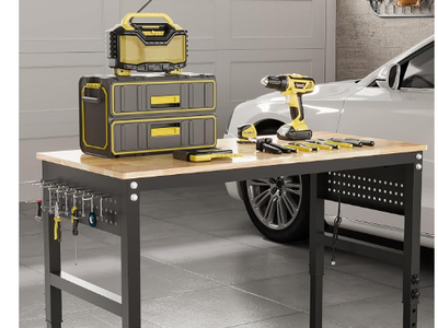48" Adjustable Heavy Duty Workbench with Power Outlets, Wheel & Pegboard, 2000 LBS Capacity Rubber Wood Top Work Table