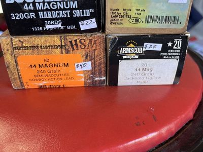 Hornady, DoubleTap, HSM, Armscor .44 Magnum Ammunition - Mixed Grain & Bullet Types