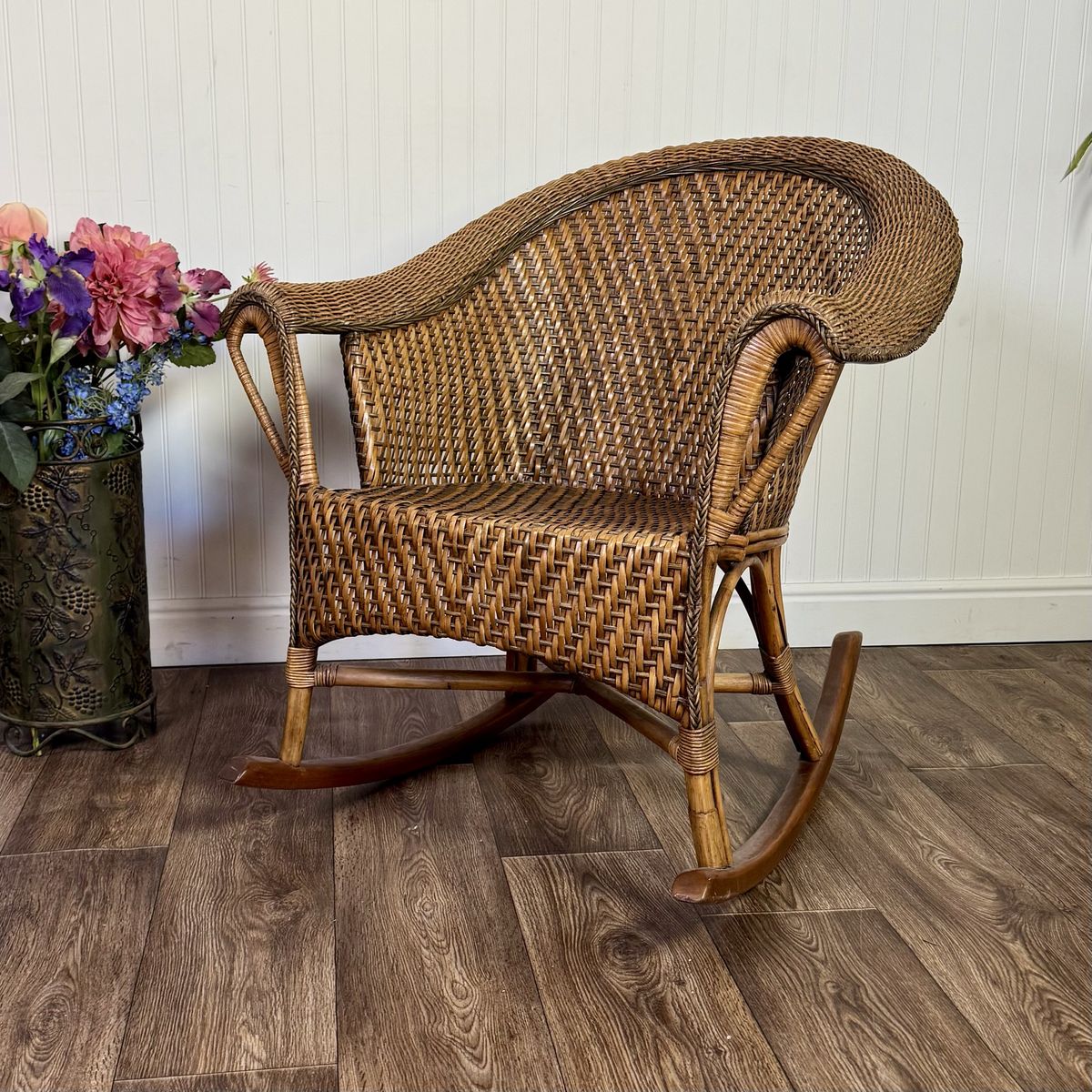 Vintage Wicker Rattan Barrel Rocking Chair