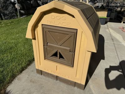 ASL Solutions Dog Palace Insulated Dog House - Tan/Brown, Self-Closing Door, Sloped Roof