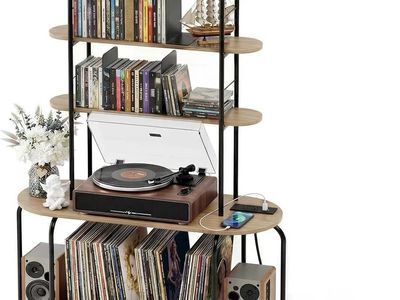 Faesun 59" H Multifunctional CD/Record Player Storage Rack with Recessed Power Strip - Oak/Black