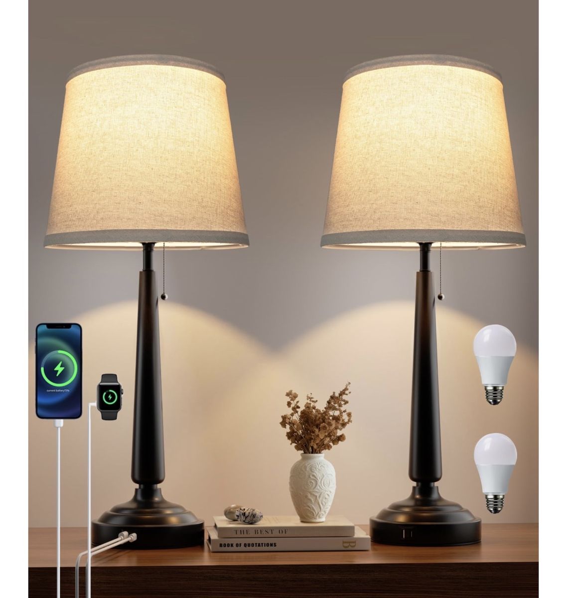 Set of 2 Table Lamps with USB-A & USB-C Ports and Fabric Shades
