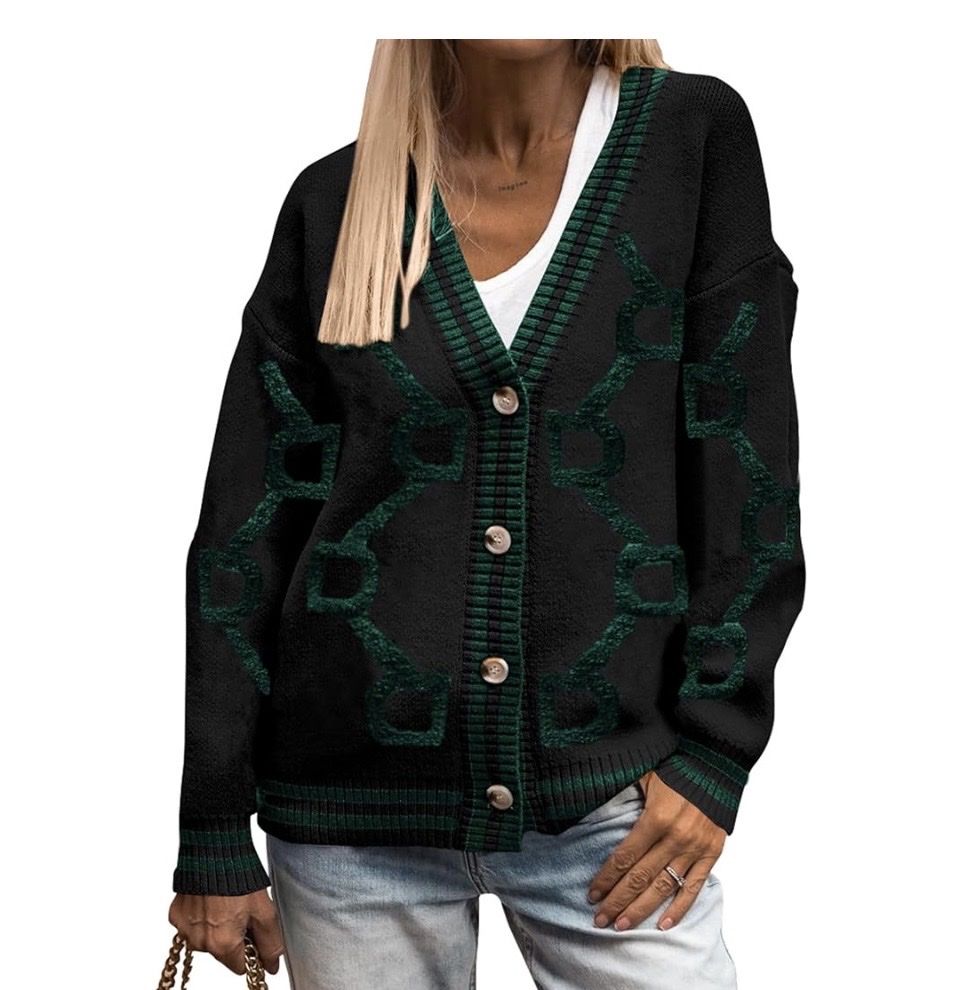 PRETTYGARDEN Knit Cardigan Black Green Geometric