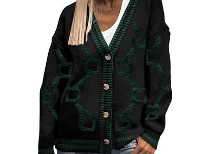 PRETTYGARDEN Knit Cardigan Black Green Geometric