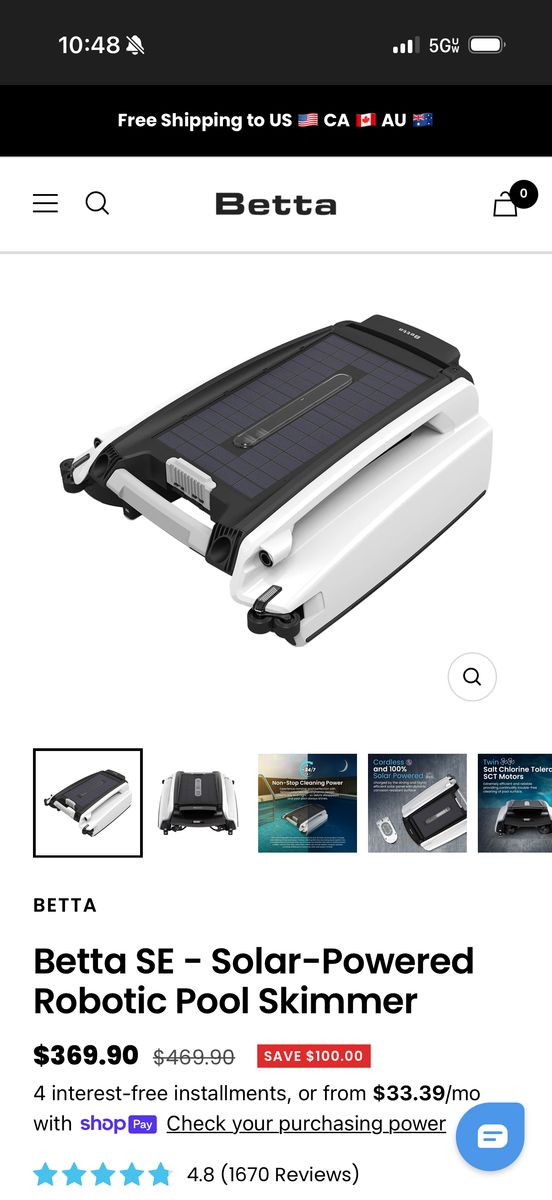 Betta SE Solar Powered Smart Robotic Pool Skimmer