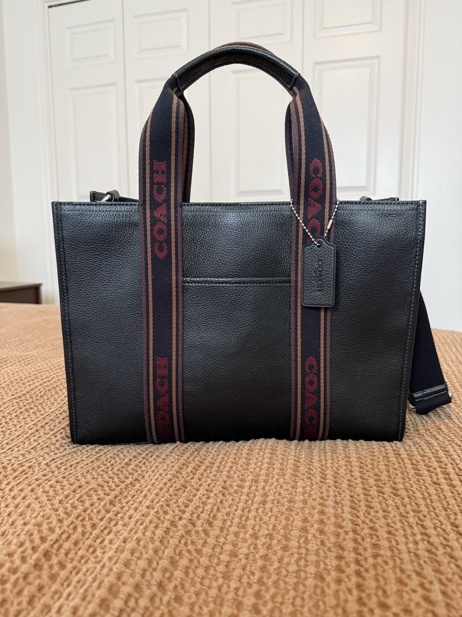 Coach Smith Tote Bag in Black Pebbled Leather with Signature Webbing Straps