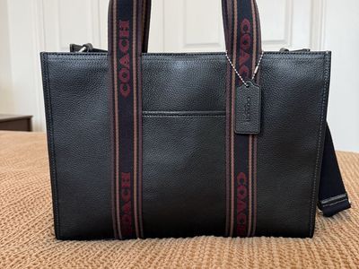 Coach Smith Tote Bag in Black Pebbled Leather with Signature Webbing Straps