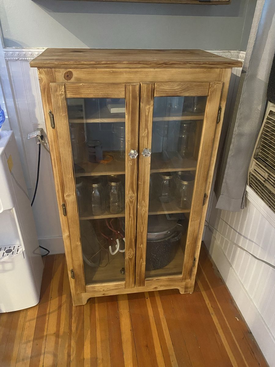 Rustic Wooden Display Cabinet with Glass Doors and Shelves
