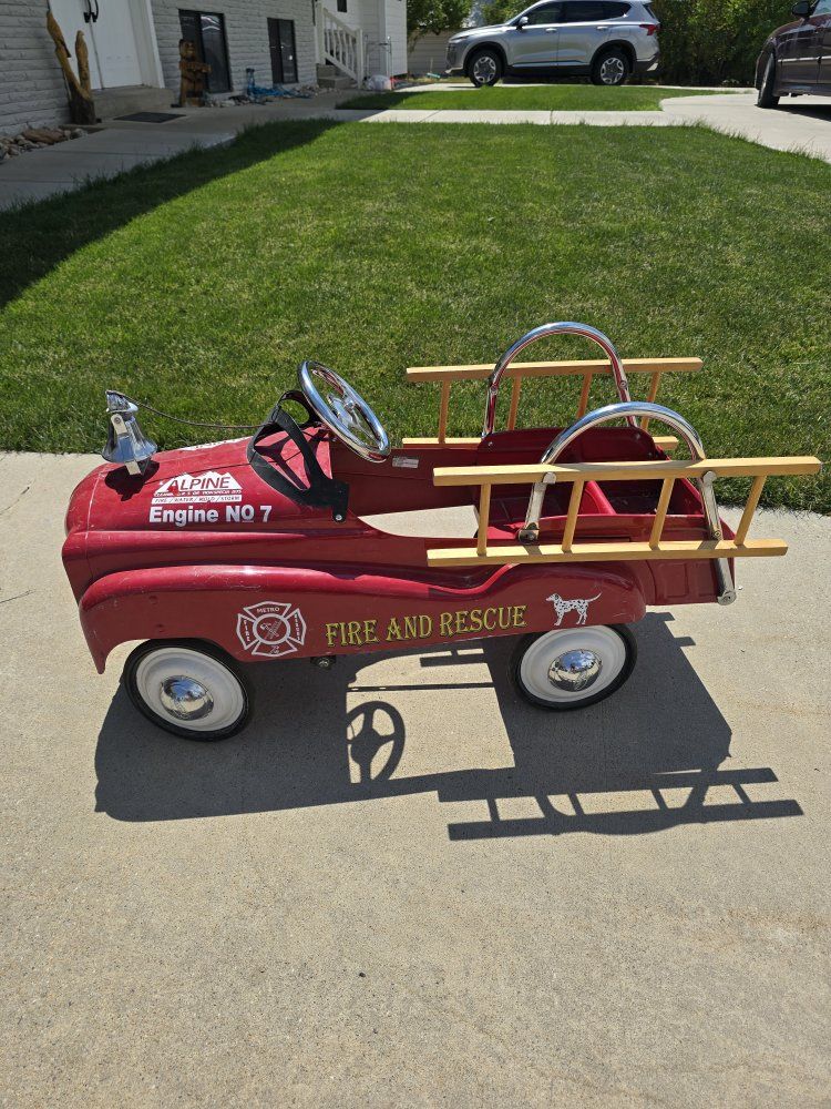 Vintage Alpine Fire and Rescue Engine No 7 Pedal Car - Red Metal Toy Truck w/ Ladders & Bell